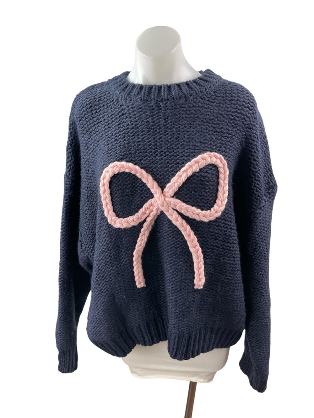 Cider Women Navy Blue Pink Ribbon Bow Braid Coquette Long Sleeve Sweater Top 3XL